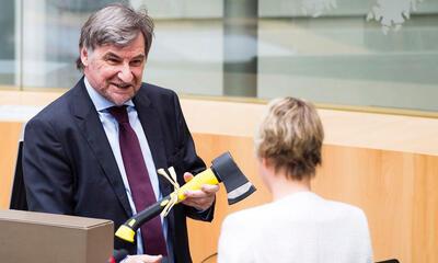 Wilfried Vandaele overhandigt bijl aan de bevoegde minister Joke Schauvliege (CD&V)